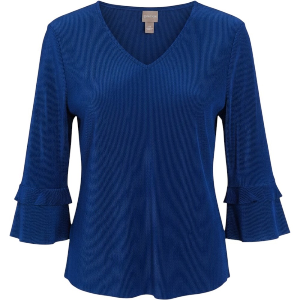 Chicos Cobalt Blue Accordion Micro Pleat Blouse Plisse V-Neck Ruffle Cuff Top 2L